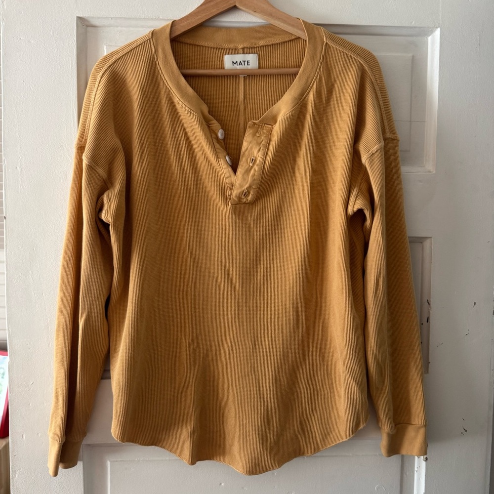 MATE the Label Cropped Long Sleeve Thermal Henley, Mustard Yellow, Size Small